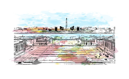 Building view with landmark of Pyongyang is the capital in North Korea. Watercolor splash with hand drawn sketch illustration in vector.のイラスト素材