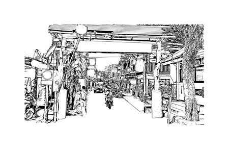 Building view with landmark of Rayong is the city in Thailand. 
Hand drawn sketch illustration in vector.のイラスト素材