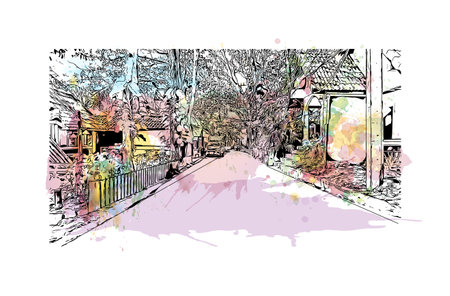 Building view with landmark of Rayong is the city in Thailand. 
Watercolor splash with hand drawn sketch illustration in vector.のイラスト素材