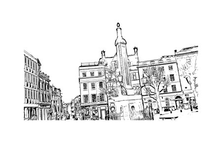 Building view with landmark of  Reading is the town in England.
Hand drawn sketch illustration in vector.のイラスト素材