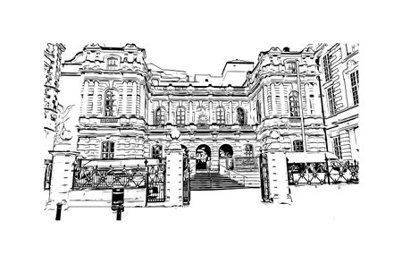 Building view with landmark of  Reading is the town in England.
Hand drawn sketch illustration in vector.のイラスト素材