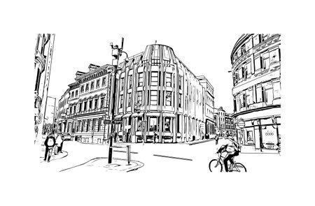 Building view with landmark of  Reading is the town in England.
Hand drawn sketch illustration in vector.のイラスト素材