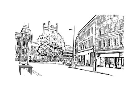 Building view with landmark of  Reading is the town in England.
Hand drawn sketch illustration in vector.のイラスト素材