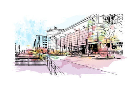 Building view with landmark of  Reading is the town in England.
Watercolor splash with hand drawn sketch illustration in vectorのイラスト素材