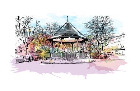 Building view with landmark of  Reading is the town in England.
Watercolor splash with hand drawn sketch illustration in vector.のイラスト素材