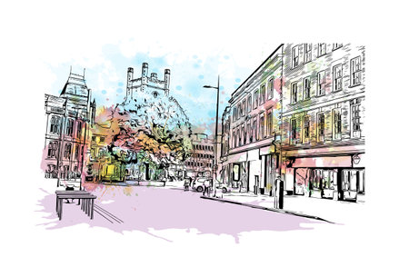 Building view with landmark of  Reading is the town in England.
Watercolor splash with hand drawn sketch illustration in vector.のイラスト素材