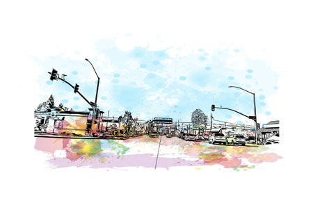 Building view with landmark of Redding is a city in Northern California. Watercolor splash with hand drawn sketch illustration in vector.のイラスト素材