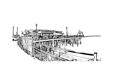 Building view with landmark of Redondo Beach is the city in California. Hand drawn sketch illustration in vector.のイラスト素材