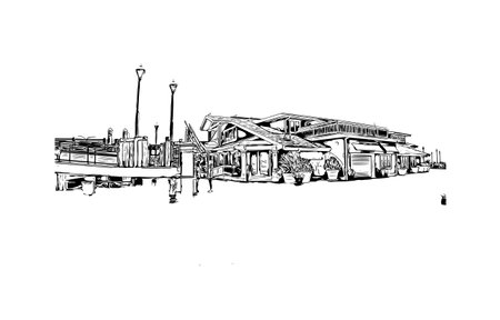 Building view with landmark of Redondo Beach is the city in California. Hand drawn sketch illustration in vector.のイラスト素材