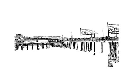Building view with landmark of Redondo Beach is the city in California. Hand drawn sketch illustration in vector.のイラスト素材
