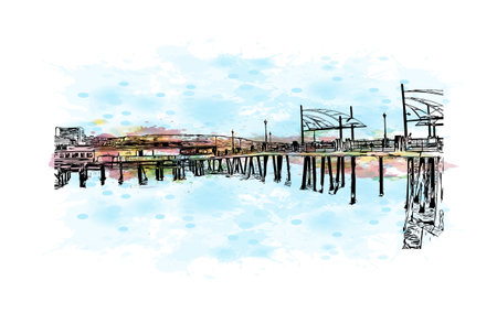 Building view with landmark of Redondo Beach is the city in California. Watercolor splash with hand drawn sketch illustration in vector.のイラスト素材