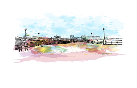 Building view with landmark of Redondo Beach is the city in California. Watercolor splash with hand drawn sketch illustration in vector.のイラスト素材