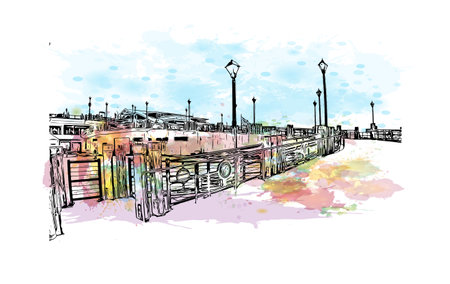 Building view with landmark of Redondo Beach is the city in California. Watercolor splash with hand drawn sketch illustration in vector.のイラスト素材