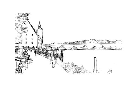 Building view with landmark of Regensburg is the city in Germany. Hand drawn sketch illustration in vector.のイラスト素材