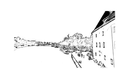 Building view with landmark of Regensburg is the city in Germany. Hand drawn sketch illustration in vector.のイラスト素材