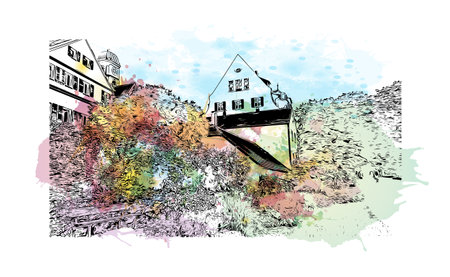Building view with landmark of Regensburg is the city in Germany. Watercolor splash with hand drawn sketch illustration in vector.のイラスト素材