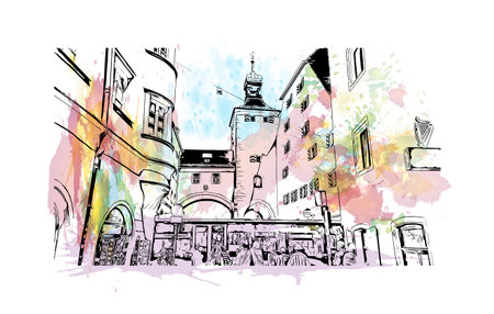Building view with landmark of Regensburg is the city in Germany. Watercolor splash with hand drawn sketch illustration in vector.のイラスト素材