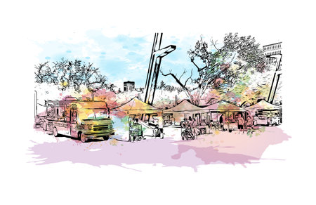 Building view with landmark of Regina is the city in Canada. Watercolor splash with hand drawn sketch illustration in vector.のイラスト素材