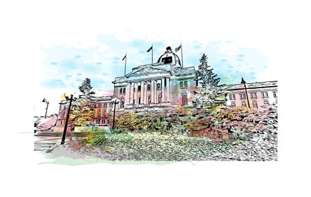 Building view with landmark of Regina is the city in Canada. Watercolor splash with hand drawn sketch illustration in vector.のイラスト素材
