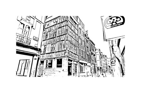 Building view with landmark of Rouen is the city in France. Hand drawn sketch illustration in vector.のイラスト素材