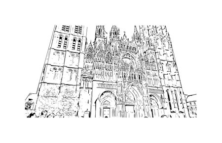 Building view with landmark of Rouen is the city in France. Hand drawn sketch illustration in vectorのイラスト素材