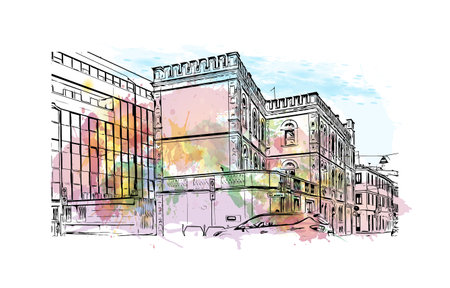 Building view with landmark of Rovigo is a city in Northeast Italy. Watercolor splash with hand drawn sketch illustration in vector.のイラスト素材