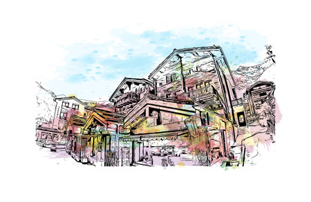 Building view with landmark of Saas Fee is the village in Switzerland. Watercolor splash with hand drawn sketch illustration in vector.のイラスト素材