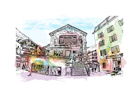 Building view with landmark of Saas Fee is the village in Switzerland. Watercolor splash with hand drawn sketch illustration in vector.のイラスト素材