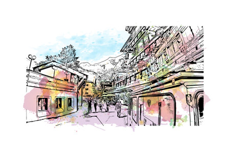 Building view with landmark of Saas Fee is the village in Switzerland. Watercolor splash with hand drawn sketch illustration in vector.のイラスト素材