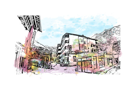 Building view with landmark of Saas Fee is the village in Switzerland. Watercolor splash with hand drawn sketch illustration in vector.のイラスト素材