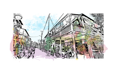 Building view with landmark of Sacramento is the city in California. Watercolor splash with hand drawn sketch illustration in vector.のイラスト素材