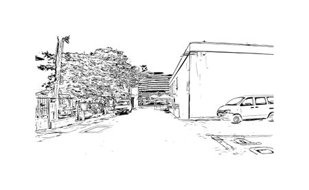 Building view with landmark of Roseau is the capital in Dominica Hand drawn sketch illustration in vector.のイラスト素材