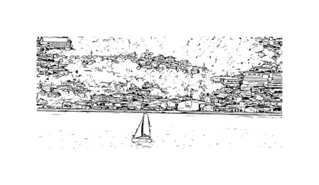 Building view with landmark of Roseau is the capital in Dominica Hand drawn sketch illustration in vector.のイラスト素材