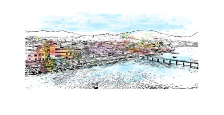 Building view with landmark of Roseau is the capital in Dominica Watercolor splash with hand drawn sketch illustration in vector.のイラスト素材