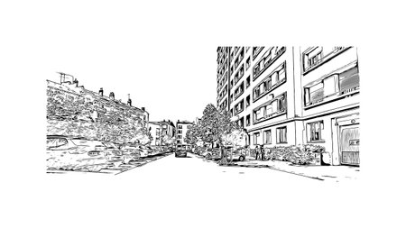 Building view with landmark of Saint Etienne is the city in France. Hand drawn sketch illustration in vector.のイラスト素材