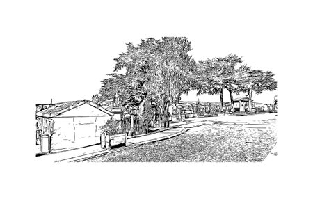 Building view with landmark of Saint Etienne is the city in France. Hand drawn sketch illustration in vector.のイラスト素材