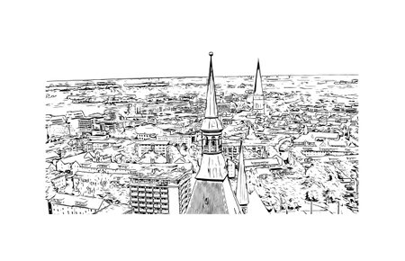 Building view with landmark of Rostock is the city in Germany. Hand drawn sketch illustration in vector.のイラスト素材