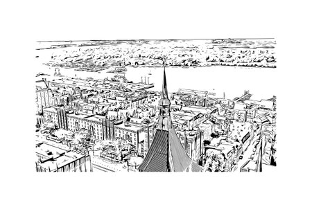 Building view with landmark of Rostock is the city in Germany. Hand drawn sketch illustration in vector.のイラスト素材