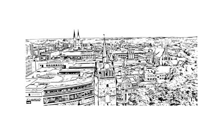 Building view with landmark of Rostock is the city in Germany. Hand drawn sketch illustration in vector.のイラスト素材
