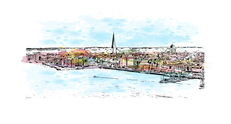 Building view with landmark of Rostock is the city in Germany. Watercolor splash with hand drawn sketch illustration in vector.のイラスト素材