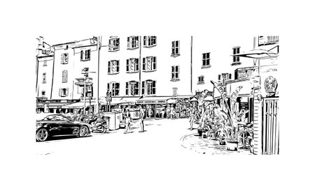 Building view with landmark of  Saint Tropez is the commune in France. Hand drawn sketch illustration in vector.のイラスト素材