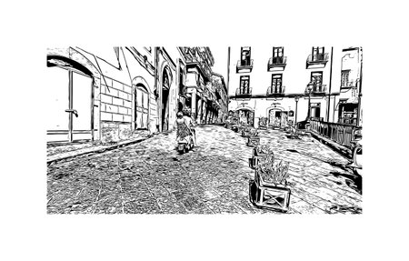 Building view with landmark of Salerno is a port city in Italy. Hand drawn sketch illustration in vector.のイラスト素材