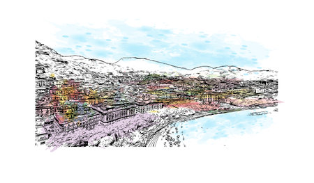 Building view with landmark of Salerno is a port city in Italy. Watercolor splash with hand drawn sketch illustration in vector.のイラスト素材