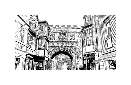 Building view with landmark of  Salisbury is the city in England.
Hand drawn sketch illustration in vector.のイラスト素材