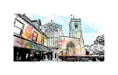 Building view with landmark of  Salisbury is the city in England.
Watercolor splash with hand drawn sketch illustration in vector.のイラスト素材