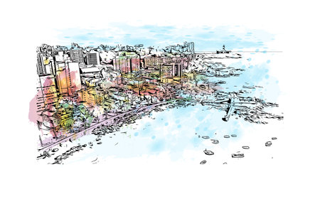 Building view with landmark of  Salvador is the municipality in Brazil. Watercolor splash with hand drawn sketch illustration in vector.のイラスト素材