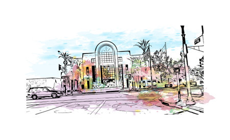 Building view with landmark of  San Bernardino is the city in California. Watercolor splash with hand drawn sketch illustration in vector.のイラスト素材
