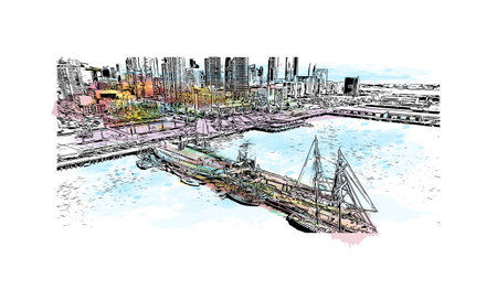 Building view with landmark of San Diego is the city in California.
Watercolor splash with hand drawn sketch illustration in vector.のイラスト素材