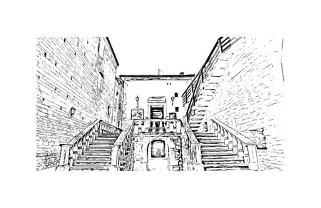 Building view with landmark of San Marino is the capital city in Republic San Marino. Hand drawn sketch illustration in vector.のイラスト素材