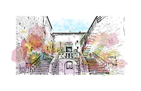 Building view with landmark of San Marino is the capital city in Republic San Marino. Watercolor splash with hand drawn sketch illustration in vector.のイラスト素材